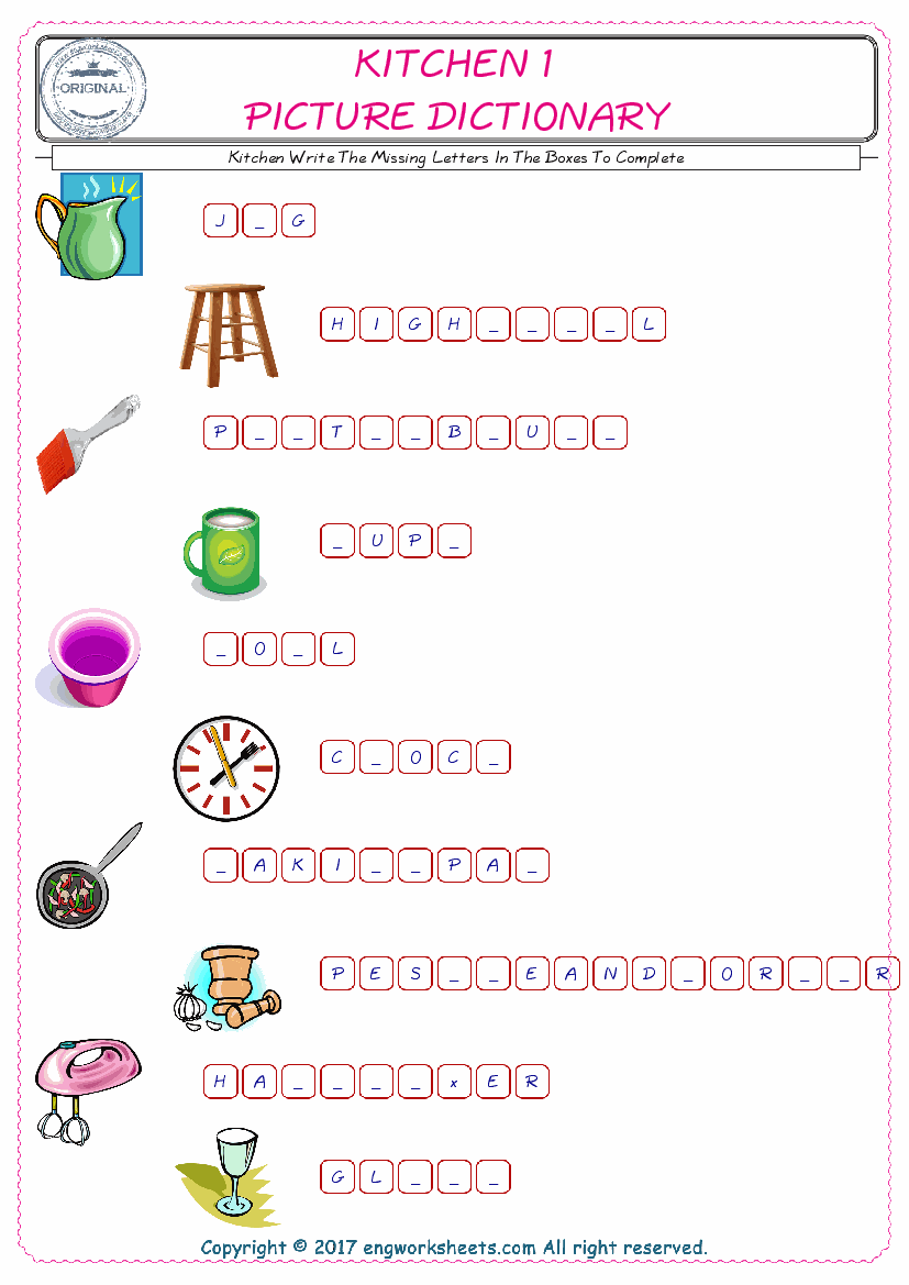 Type in the blank and learn the missing letters in the Kitchen words given for kids English worksheet. 